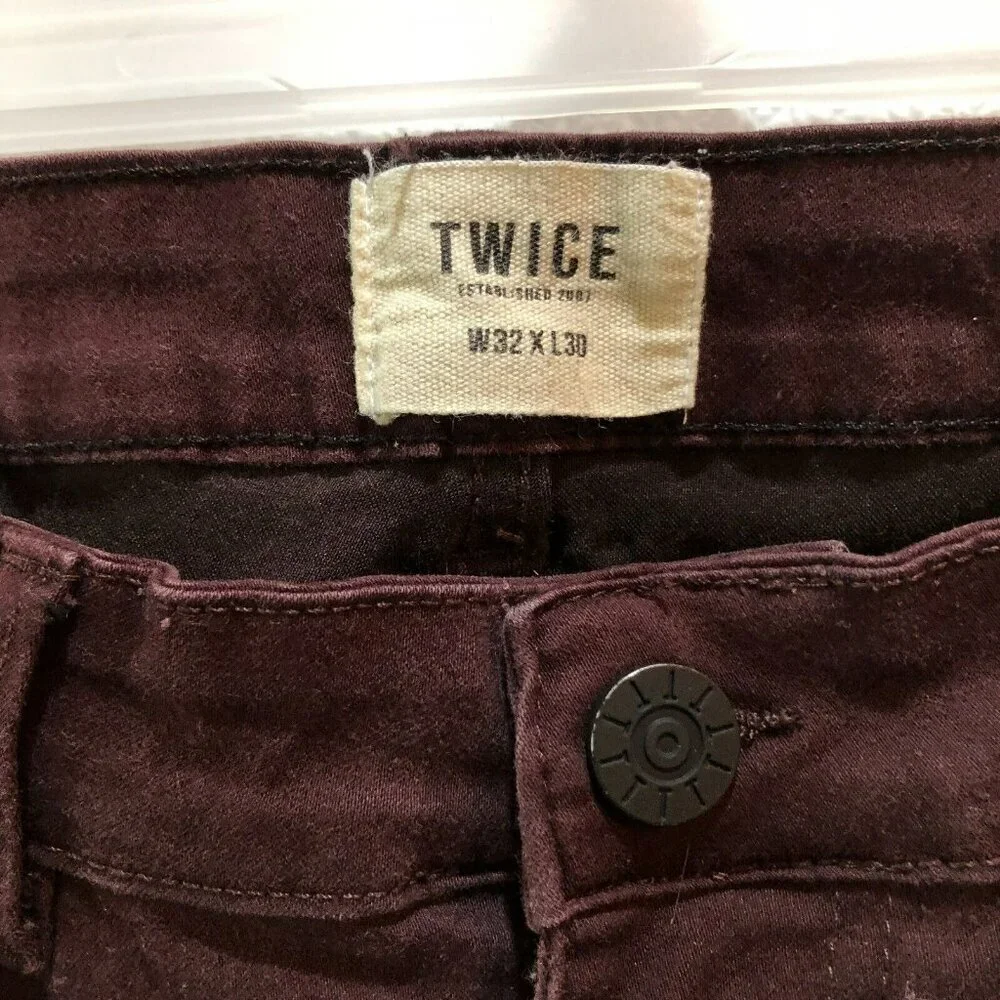 Twice Mens Size 29 x 28 Burgundy Slim Fit Skinny Pockets Ankle Pants Jeans